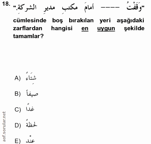 18. soru: أمام مكتبِ مديرِ الشركةِ." .18 "وَقَفْتُ cümlesinde boş bırakılan yeri aşağıdaki zarflardan hangisi en uygun şekilde…
