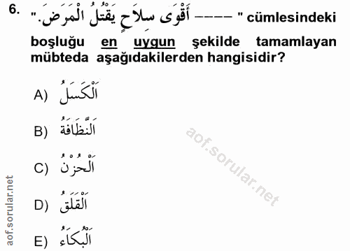 6. soru: أَقْوَى سِلاَحِ يَقْتُلُ الْمَرَضَ." .6 - "cümlesindeki boşluğu en uygun şekilde tamamlayan mübteda aşağıdakilerden h…