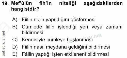 19. soru: Mef'ülün fih'in niteliği aşağıdakilerden hangisidir? A) Fiilin niçin yapıldığını göstermesi B) Cümlede fiilin işlendi…