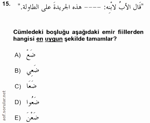 15. soru: - هذه الجريدة على الطاولة. " .15 Cümledeki boşluğu aşağıdaki emir fiillerden hangisi en uygun şekilde tamamlar? A) ضع…