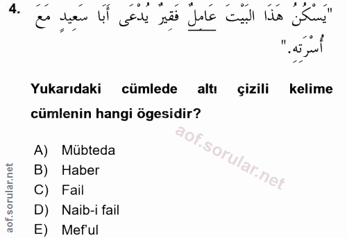 4. soru: "يَسْكُنُ هَذَا البَيْتَ عَامِلٌ فَقِيرْ يُدْعَى أَبَا سَعِيدٍ مَعَ .4 أُسْرَتِهِ." Yukarıdaki cümlede altı çizili ke…