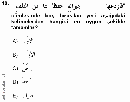 10. soru: جيرانه حفظاً لها من التلف. " .10 yas gü" cümlesinde boş bırakılan yeri aşağıdaki kelimelerden hangisi en uygun şekild…