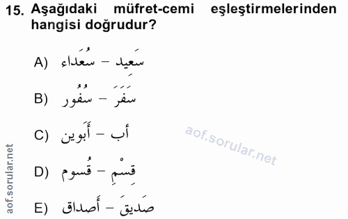 15. soru: Aşağıdaki müfret-cemi eşleştirmelerinden hangisi doğrudur? سَعِيد - سُعَداء (A سَفَرَ - سُفُور (B أب - أَبَوين (C قِس…