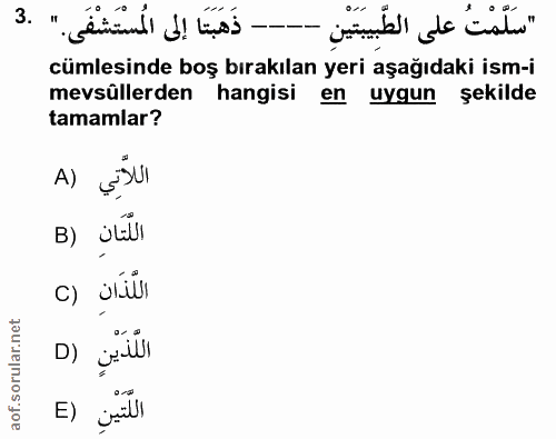 3. soru: بن ---- ذَهَبَتَا إلى المُسْتَشْفَى. " .3 "سَلَّمْتُ على الطَّبِيبَتَيْر cümlesinde boş bırakılan yeri aşağıdaki ism-…