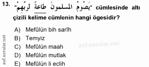 13. soru: "Ati) jel jesta) pas" cümlesinde altı çizili kelime cümlenin hangi ögesidir? A) Mefülün bih sarîh B) Temyiz C) Mefülü…