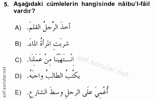 5. soru: Aşağıdaki cümlelerin hangisinde nâibu'l-fâil vardır? أخذَ الرَّجلُ القلمَ. (A ay iar se utui orsorularnet شربَت المرأ…