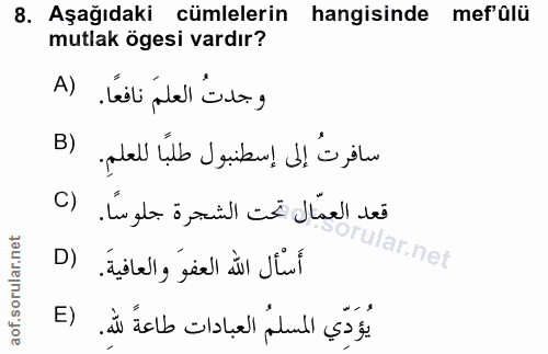 8. soru: Aşağıdaki cümlelerin hangisinde mef'ülü mutlak ögesi vardır? وجدتُ العلمَ نافعًا. (A سافرتُ إلى إسطنبول طلبًا للعلمِ.…
