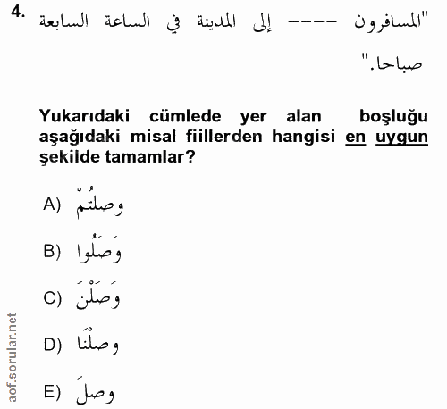 4. soru: إلى المدينة في الساعة السابعة .4 "المسافرون ". Laluo Yukarıdaki cümlede yer alan boşluğu aşağıdaki misal fiillerden h…