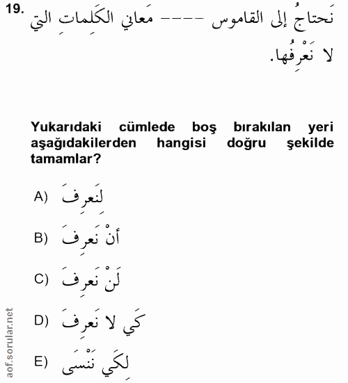 19. soru: مَعاني الكَلِماتِ التي .19 نحتاج إلى القاموس لا نَعْرِفُها. Yukarıdaki cümlede boş bırakılan yeri aşağıdakilerden han…