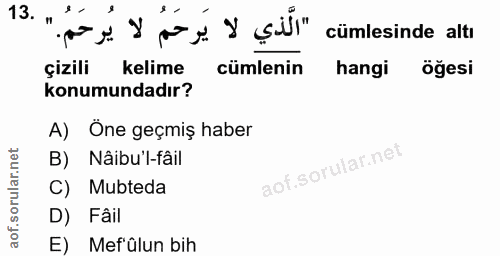 13. soru: " "الَّذي لا يَرحَمُ لا يُرحَمُ. cumlesinde altı çizili kelime cümlenin hangi öğesi konumundadır? A) Öne geçmiş haber…