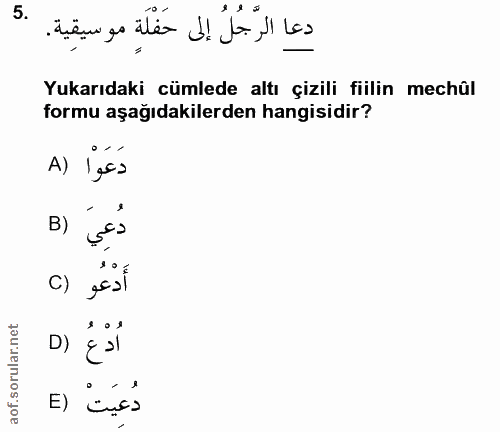 5. soru: دعا الرَّجُلُ إلى حَفْلَةٍ موسيقية. Yukarıdaki cümlede altı çizili fiilin mechûl formu aşağıdakilerden hangisidir? A)…