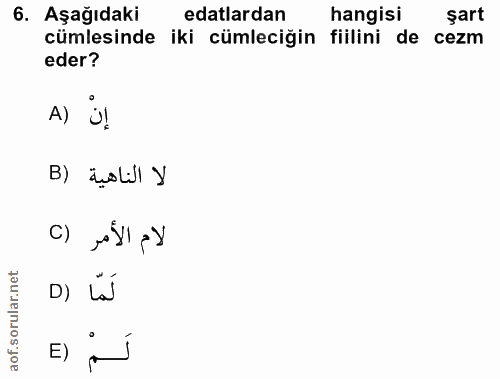 6. soru: Aşağıdaki edalardan hangisi şart cümlesinde iki cümleciğin , fiilini de cezm eder? A) Ü! لا الناهية (B لام الأمر (C D…