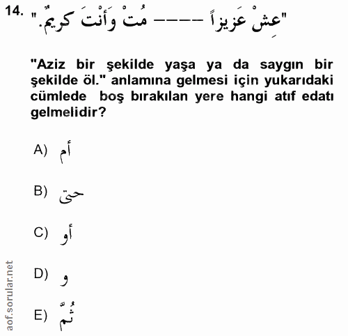 14. soru: .. مُتْ وَأَنْتَ كريمٌ. "عِش عزيزاً "Aziz bir şekilde yaşa ya da saygın bir şekilde öl." anlamına gelmesi için yukarı…
