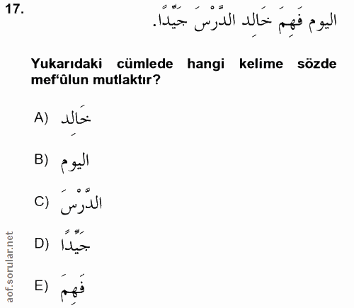 17. soru: اليوم فَهِمَ خَالِد الدَّرْسَ جَيّدًا. Yukarıdaki cümlede hangi kelime sözde mef'ûlun mutlaktır? A) Nba B) ¿gil الدرس…