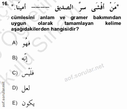 16. soru: أمينا. " .16 cümlesini anlam ve gramer bakımından uygun olarak tamamlayan kelime aşağıdakilerden hangisidir? A) esi B…