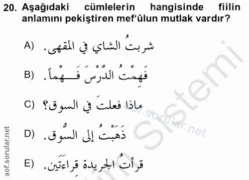 20. soru: Aşağıdaki cümlelerin hangisinde fiilin anlamını pekiştiren mef'ûlun mutlak vardır? شربتُ الشاي في المقهى. (A فَهِمْتُ…