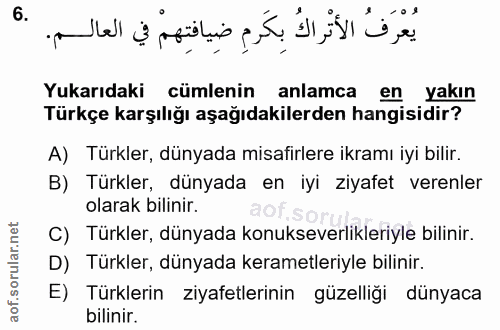 6. soru: Yukarıdaki cümlenin anlamca| en yakın Türkçe karşılığı aşağıdakilerden hangisidir? A) Türkler, dünyada misafirlere ik…