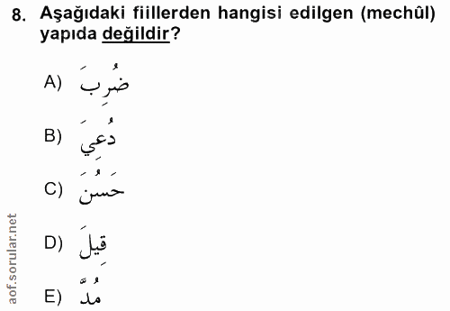 8. soru: Aşağıdaki fiillerden hangisi edilgen (mechûl) yapıda değildir? A) ضُربَ B) C) قيل (D й я E) مل