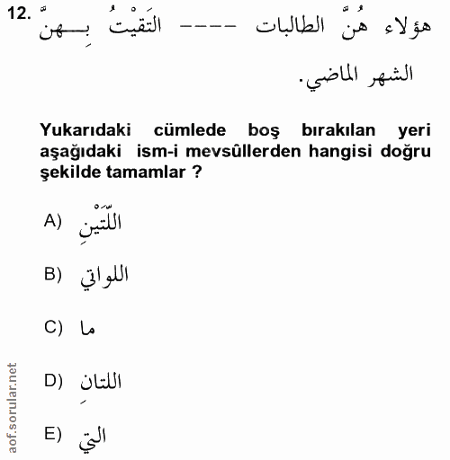 12. soru: " التَقيتُ بِهنّ الشهر الماضي. Yukarıdaki cümlede boş bırakılan yeri aşağıdaki ism-i mevsüllerden hangisi doğru şekil…