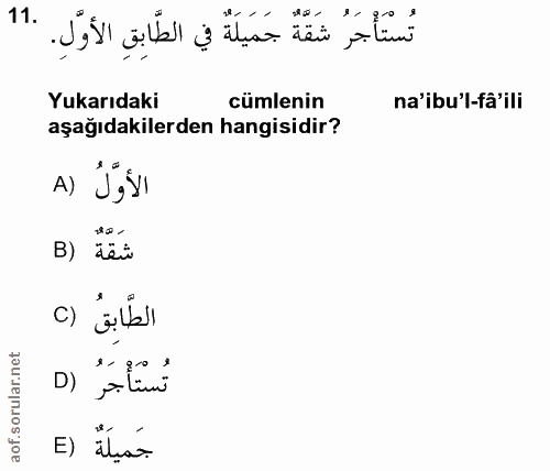 11. soru: تُسْتَأْجَرُ شَقَّةٌ جَمَيلَةٌ في الطَّابِقِ الأوَّلِ. Yukarıdaki cümlenin na'ibu'l-fâ'ili aşağıdakilerden hangisidir…