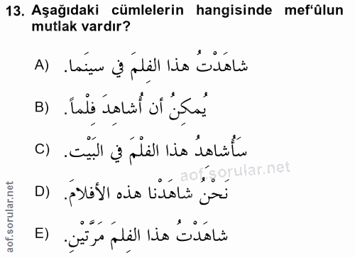 13. soru: Aşağıdaki cümlelerin hangisinde mef'ülun mutlak vardır? شاهَدْتُ هذا الفِلمَ في سينَما. (A يُمكِنُ أن أُشاهِدَ فِلْما…