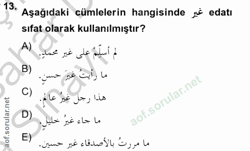 13. soru: Aşağıdaki cümlelerin hangisinde jå edatı sıfat olarak kullanılmıştır? A) لم أسلِمْ على غير محمدٍ. B) ما رأيتُ غيرَ حس…