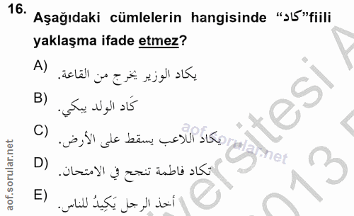 16. soru: Aşağıdaki cümlelerin hangisinde "s5 "fiili yaklaşma ifade etmez? A) يكاد الوزير يخرج من القاعة. B) itesi C) إيكاد الل…