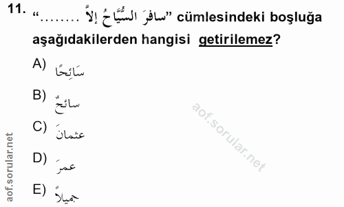 11. soru: . ..... Y! { L j" cümlesindeki boşluğa aşağıdakilerden hangisi getirilemez? سَائِحًا (A سائحٌ (B C) ilais D) E) Sua