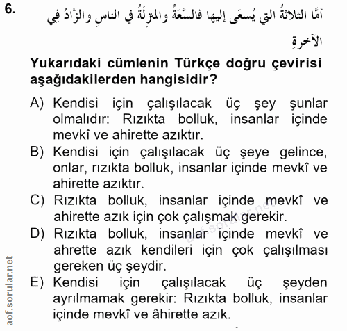6. soru: Yukarıdaki cümlenin Türkçe doğru çevirisi aşağıdakilerden hangisidir? A) Kendisi için çalışılacak üç şey şunlar olmal…