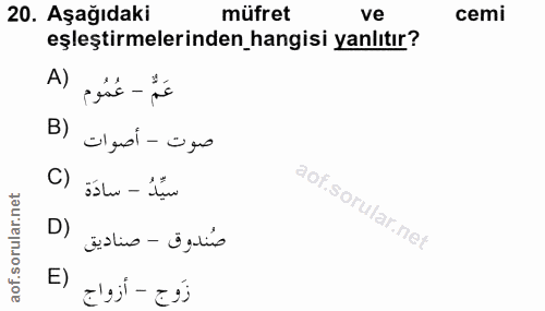 20. soru: Aşağıdaki müfret ve cemi eşleştirmelerinden_hangisi yanlıtır? A) عَمٌّ - عُمُوم B) صوت - أصوات C) ssLw - jin D) صُندو…