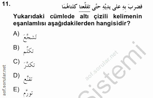 11. soru: فضربَ بِهِ على يدِيْهِ حتَّى تفقِّعتا كلتاهُمَا Yukarıdaki cümlede altı çizili kelimenin eşanlamlısı aşağıdakilerden…