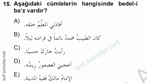 15. soru: Aşağıdaki cümlelerin hangisinde bedel-i ba'z vardır? A) أفادَنِي المعلِمُ خلقه. B) كان الطبيبُ محمدٌ نائماً في فراشه…