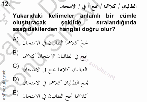 12. soru: الطالبان اكلاهما انجح /في االامتحان Yukarıdaki kelimeler anlamlı bir cümle oluşturacak şekilde sıralandığında aşağıda…