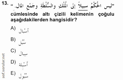13. soru: «ليس الحُكْمُ سِيلاً إلى الملْكِ والسُّلْطَةِ وجَمْعِ المال. » .13 cümlesinde altı çizili kelimenin çoğulu aşağıdakil…