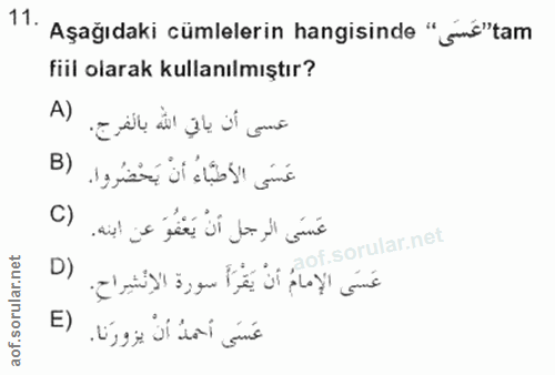 11. soru: Aşağıdaki cümlelerin hangisinde "sic"tam fiil olarak kullanılmıştır? A) عسى أن ياتي اللّٰه بالفرج. عَسَى الأطبَّاءُ أ…