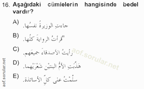 16. soru: Aşağıdaki cümlelerin hangisinde bedel vardır? جاءتِ الوزيرةُ نفسُها. (A c) .fa stw afof. "قرأتُ الرواية كلُها. (B D)…