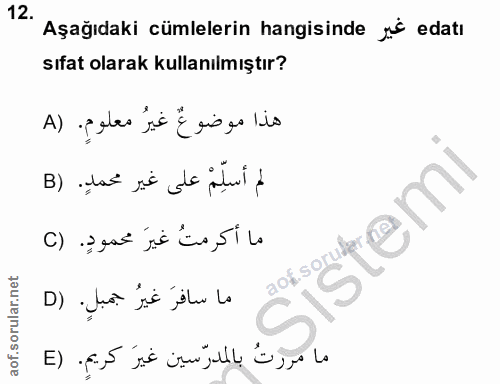 12. soru: Aşağıdaki cümlelerin hangisinde j° edatı sıfat olarak kullanılmıştır? هذا موضوعٌ غيرُ معلوم. (A لم أسلِمْ على غير محم…