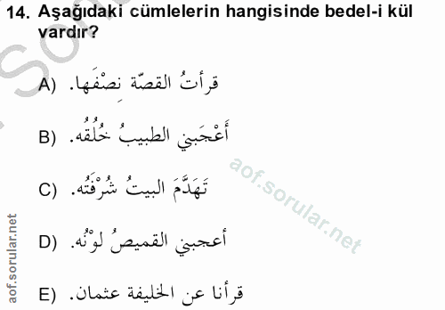 14. soru: Aşağıdaki cümlelerin hangisinde bedel-i kül vardır? قرأتُ القصّة نصْفَها. (A أَعْجَبني الطبيبُ خُلُقُه. (B تَهَدَّمَ…