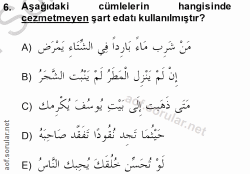 6. soru: - Aşağıdaki cümlelerin hangisinde cezmetmeyen şart edatı kullanılmıştır? مَنْ شَرِب مَاءً بَارِداً فِي الشَّتَاءِ يَم…