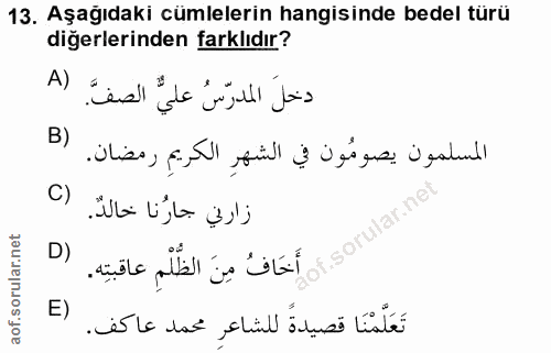 13. soru: Aşağıdaki cümlelerin hangisinde bedel türü diğerlerinden farklıdır? دخلَ المدرّسُ عليٌّ الصفَ. (A B) المسلمون يصومُون…
