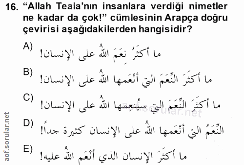 16. soru: "Allah Tala'nın insanlara verdiği nimetler ne kadar da çok!" cümlesinin Arapça doğru çevirisi aşağıdakilerden hangisi…