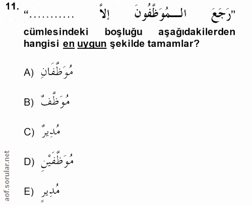 11. soru: .. المُوَظَّفُونَ "رَجَعَ cümlesindeki boşluğu aşağıdakilerden hangisi en uygun şekilde tamamlar? A) jéb js B) Leb jo…
