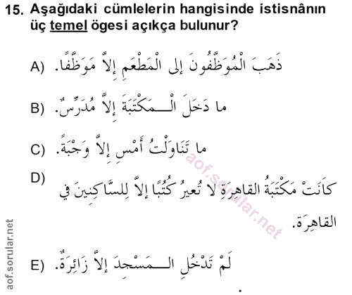 15. soru: Aşağıdaki cümlelerin hangisinde istisnânın üç temel ögesi açıkça bulunur? ذَهَبَ الْمُوَظَّفُونَ إلى الْمَطْعَمِ إِلا…
