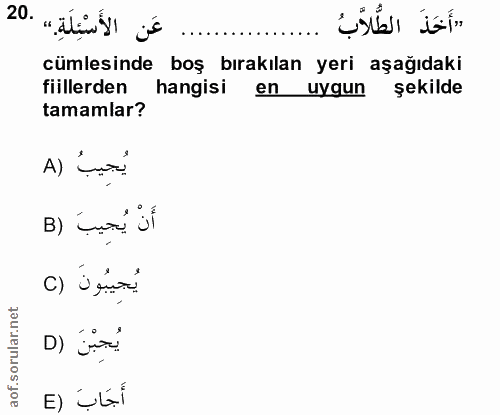 20. soru: عَن الأَسْتِلَةِ.) .20 cümlesinde boş bırakılan yeri aşağıdaki fiillerden hangisi en uygun şekilde tamamlar? يُجِيبُ…