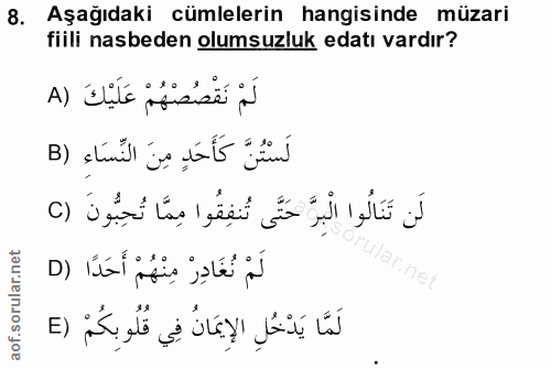 8. soru: Aşağıdaki cümlelerin hangisinde müzari fiili nasbeden olumsuzluk edatı vardır? لَمْ نَقْصُصْهُمْ عَلَيْكَ (A لَسْتُنّ…