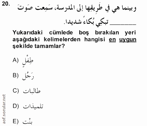 20. soru: وبينما هي في طَرِيقِها إلى المدرسة، سَمِعت صَوتَ .20 تبكِي بُكاءً شديدا . Yukarıdaki cümlede boş bırakılan yeri aşağı…