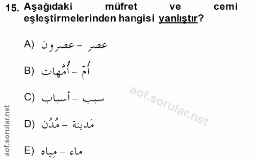 15. soru: Aşağıdaki müfret ve cemi eşleştirmelerinden hangisi yanlıştır? عصر - عصرون (A أُمّ - أُمَّهات (B سبب - أسباب (C مَدين…