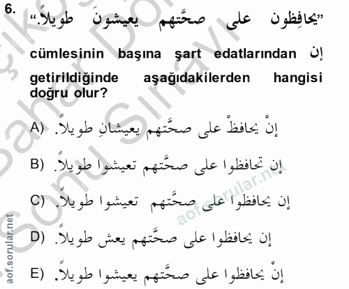 6. soru: "يحافِظون على صحَّتهم يعيشونَ طويلاً.") cümlesinin başına şart edalarından ü! getirildiğinde aşağıdakilerden hangisi…