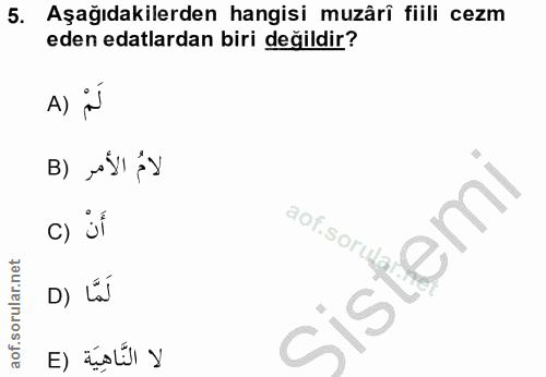 5. soru: Aşağıdakilerden hangisi muzârî fiili cezm eden edalardan biri değildir? A ) لَمْ لامُ الأمر (B c) üf D) Lá لا النَّاه…