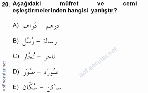 20. soru: Aşağıdaki müfret ve cemi eşleştirmelerinden hangisi yanlıştır? A) pol,á - po ,? B) J'im', - illu, تاجر - تُجَّار (C ص…